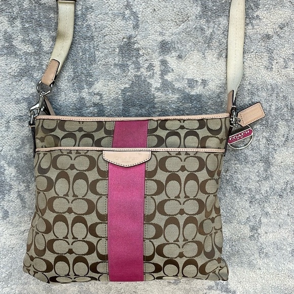 Coach Handbags - Coach Signature Stripe File Bag Crossbody Messenger Tan Pink F28502